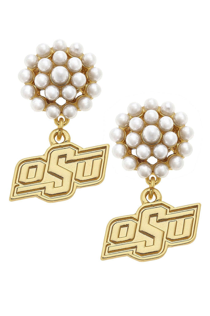 Oklahoma State Cowboys Pearl Cluster 24K Gold Plated Logo Earrings - Canvas Style