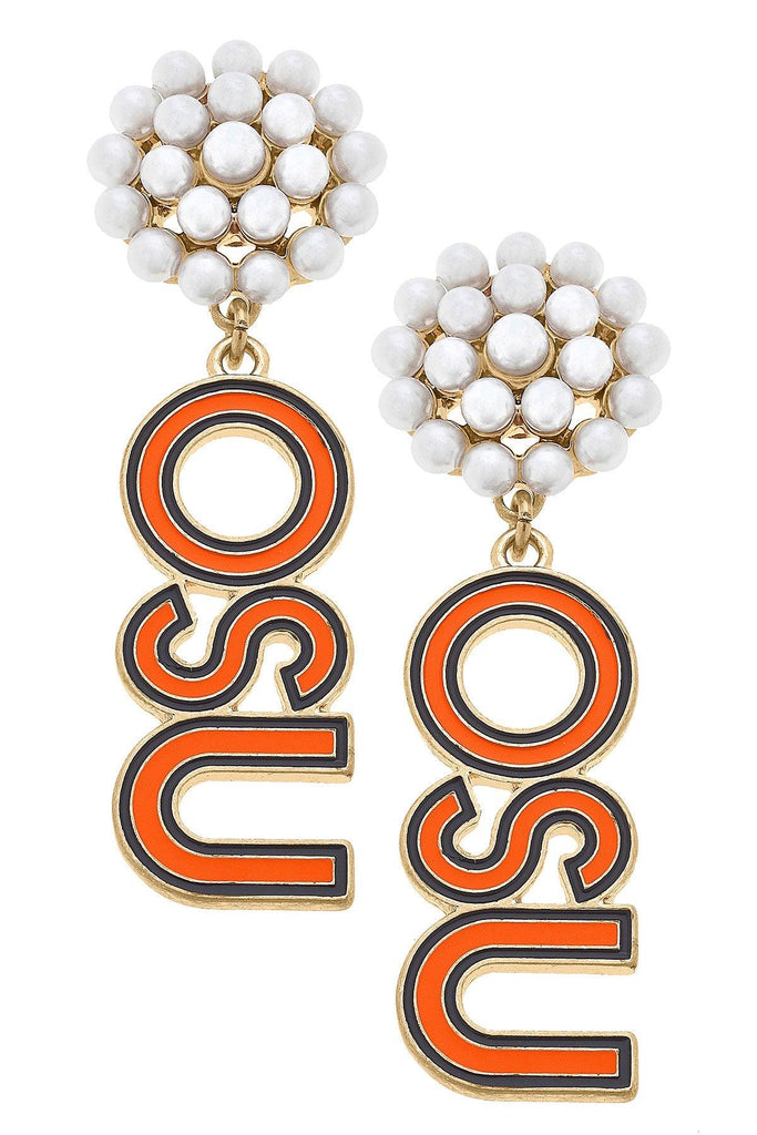 Oklahoma State Cowboys Pearl Cluster Outline Enamel Drop Earrings - Canvas Style