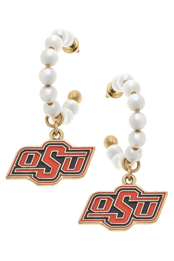 Oklahoma State Cowboys Pearl Hoop Enamel Drop Earrings - Canvas Style