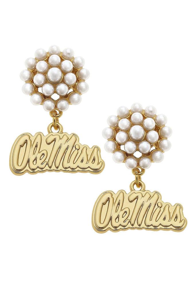 Ole Miss Rebels Pearl Cluster 24K Gold Plated Logo Earrings - Canvas Style