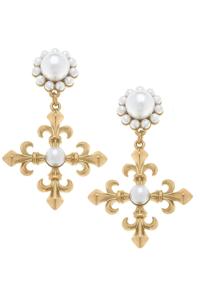 Olivia Fleur de Lis Cross Drop Earrings in Worn Gold - Canvas Style
