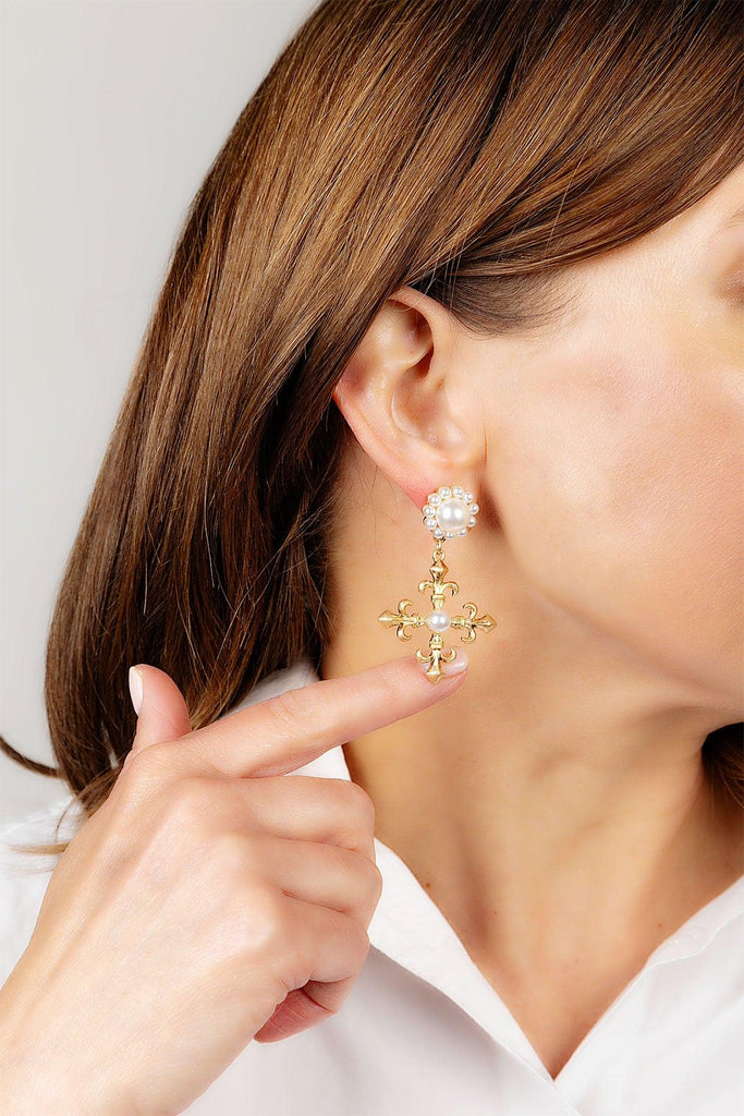 Olivia Fleur de Lis Cross Drop Earrings in Worn Gold - Canvas Style