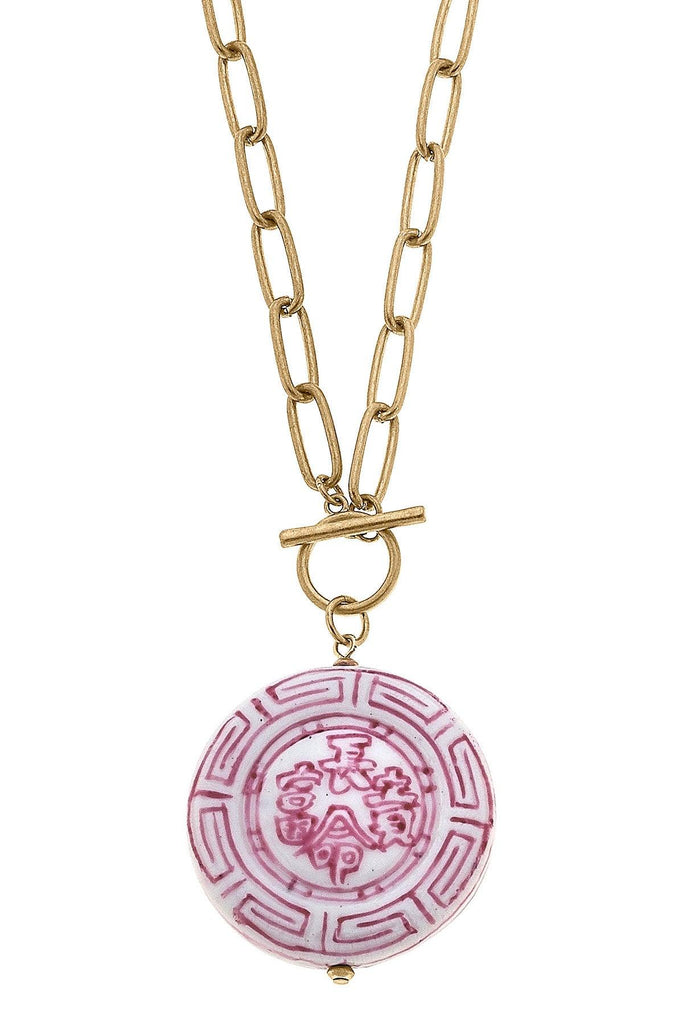 Ophelia Pink Chinoiserie Pendant T-Bar Necklace in Pink & White - Canvas Style