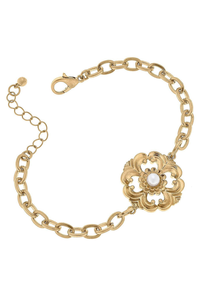 Orleans Acanthus & Pearl Chain Bracelet in Worn Gold - Canvas Style