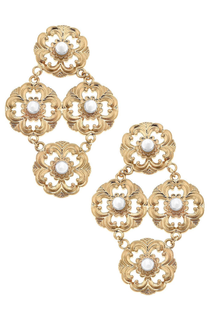 Orleans Acanthus & Pearl Chandelier Earrings in Worn Gold - Canvas Style