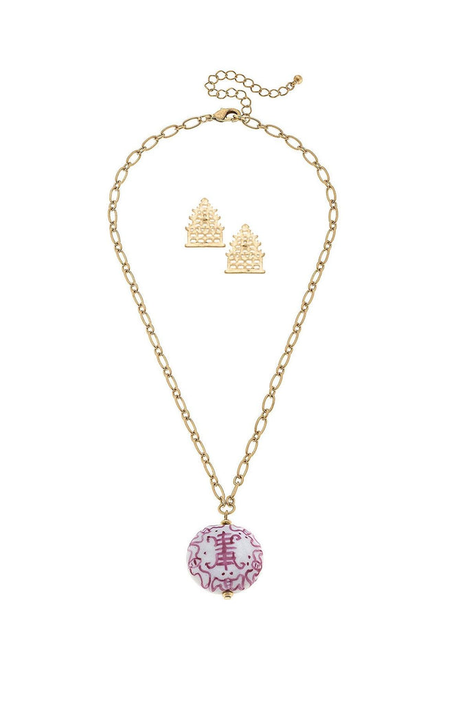 Pagoda Earring and Chinoiserie Necklace Set in Pink & White - Canvas Style