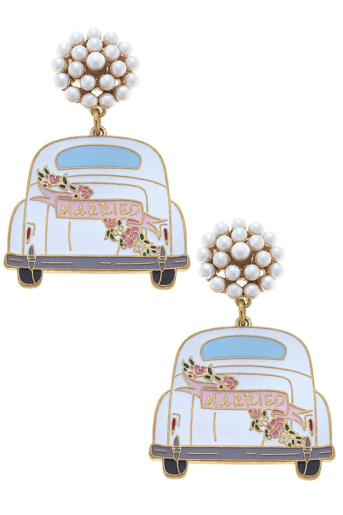 Peach Enamel Just Married Getaway Car Earrings in White & Pink - Canvas Style