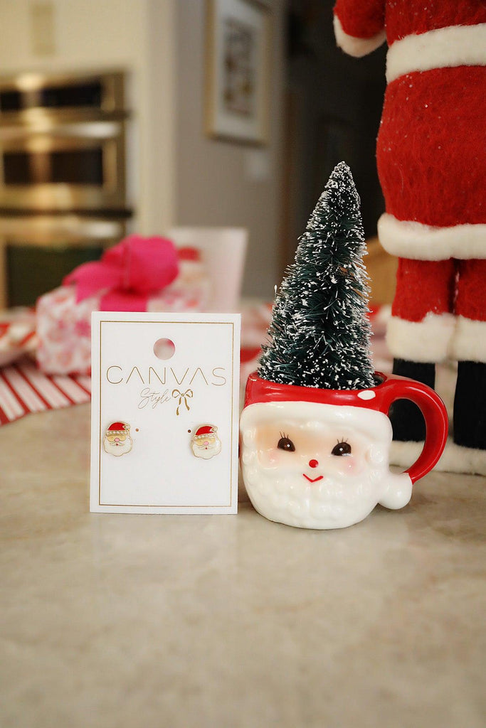 Pearl Studded Enamel Santa Claus Stud Earrings in Red & White - Canvas Style