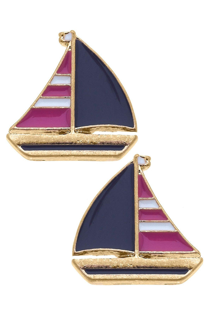 Penny Enamel Sailboat Stud Earrings in Pink & Navy - Canvas Style