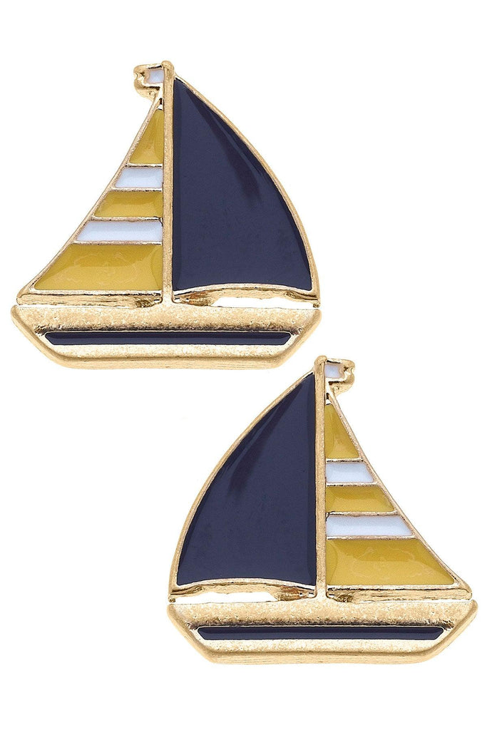 Penny Enamel Sailboat Stud Earrings in Yellow & Navy - Canvas Style