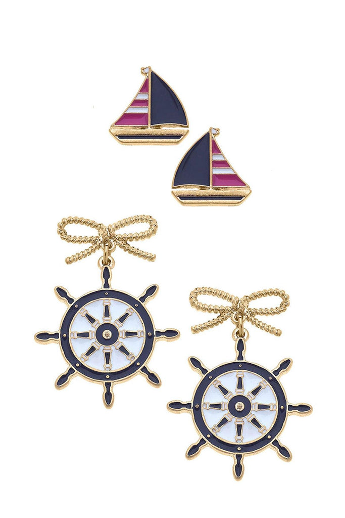 Penny Pink Sailboat Stud and Bobbie Navy Ship's Wheel Earring Set - Canvas Style