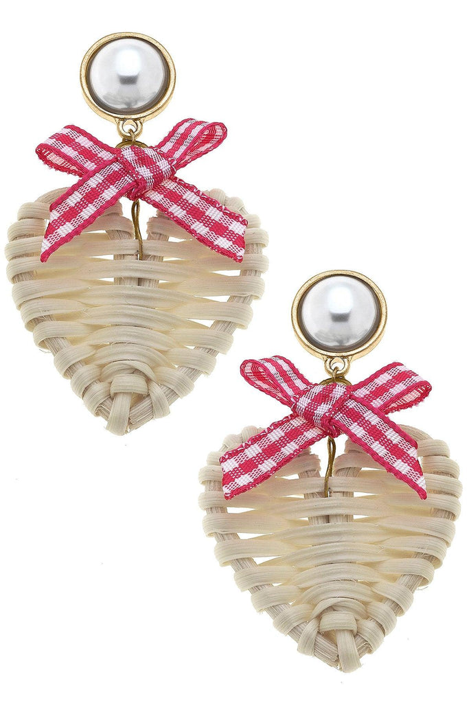 Piper Rattan & Gingham Heart Drop Earrings in Fuchsia - Canvas Style