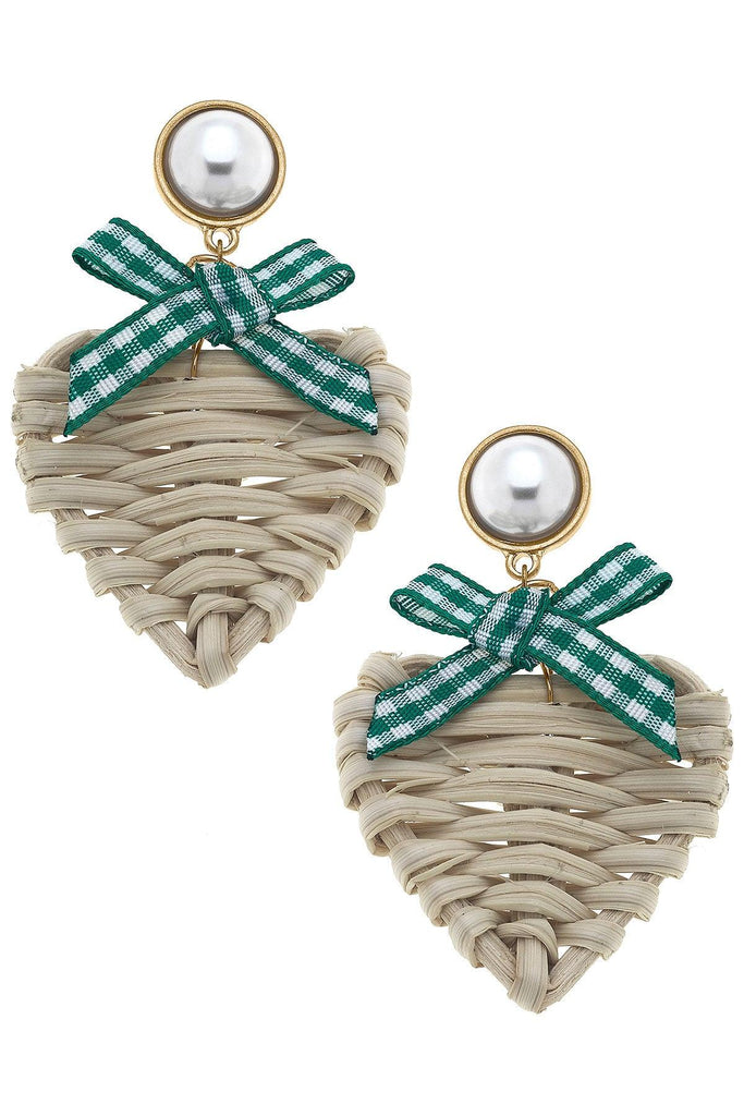 Piper Rattan & Gingham Heart Drop Earrings in Green - Canvas Style