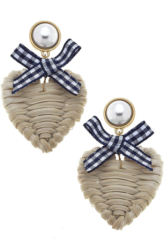 Piper Rattan & Gingham Heart Drop Earrings in Navy - Canvas Style