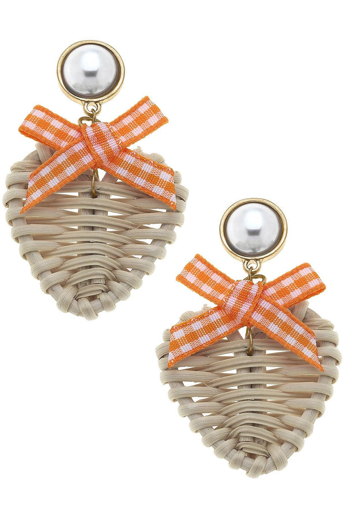Piper Rattan & Gingham Heart Drop Earrings in Orange - Canvas Style