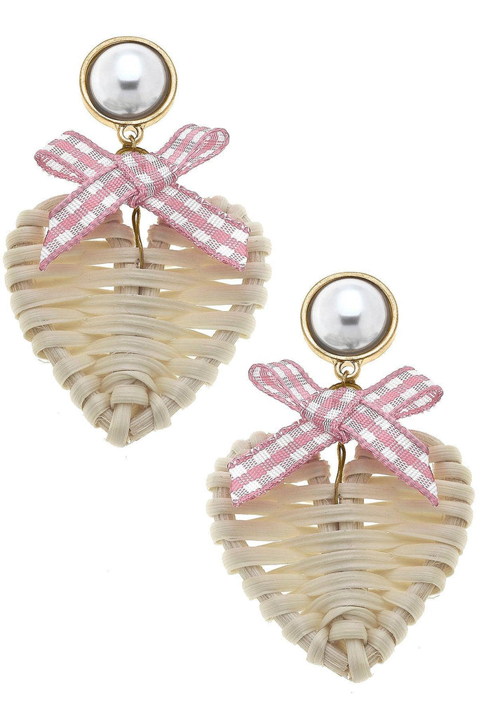 Piper Rattan & Gingham Heart Drop Earrings in Pink - Canvas Style