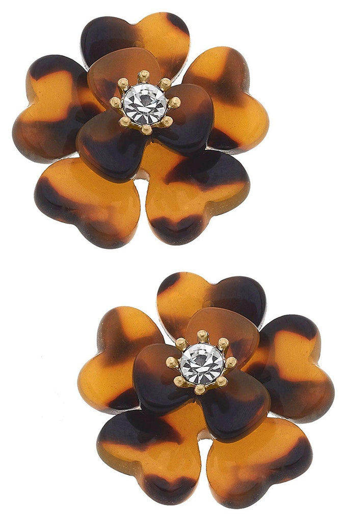 Pixie Resin & Rhinestone Flower Stud Earrings in Tortoise - Canvas Style