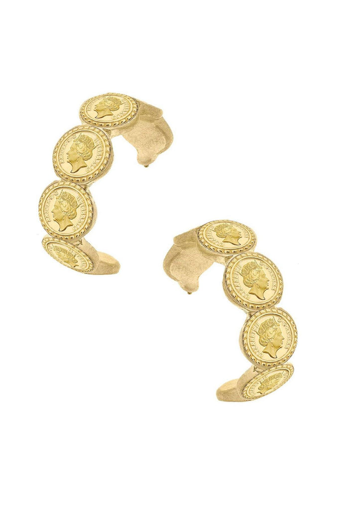 Queen Elizabeth Coin Hoop Earrings in Worn Gold - Canvas Style