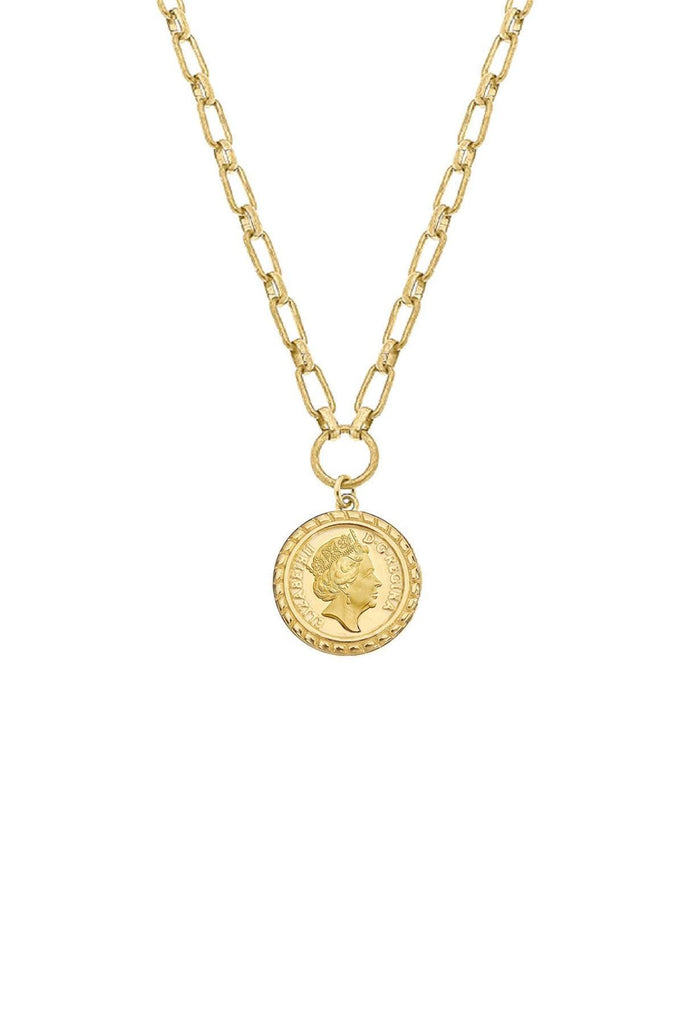 Queen Elizabeth Coin Necklace in Worn Gold - Canvas Style