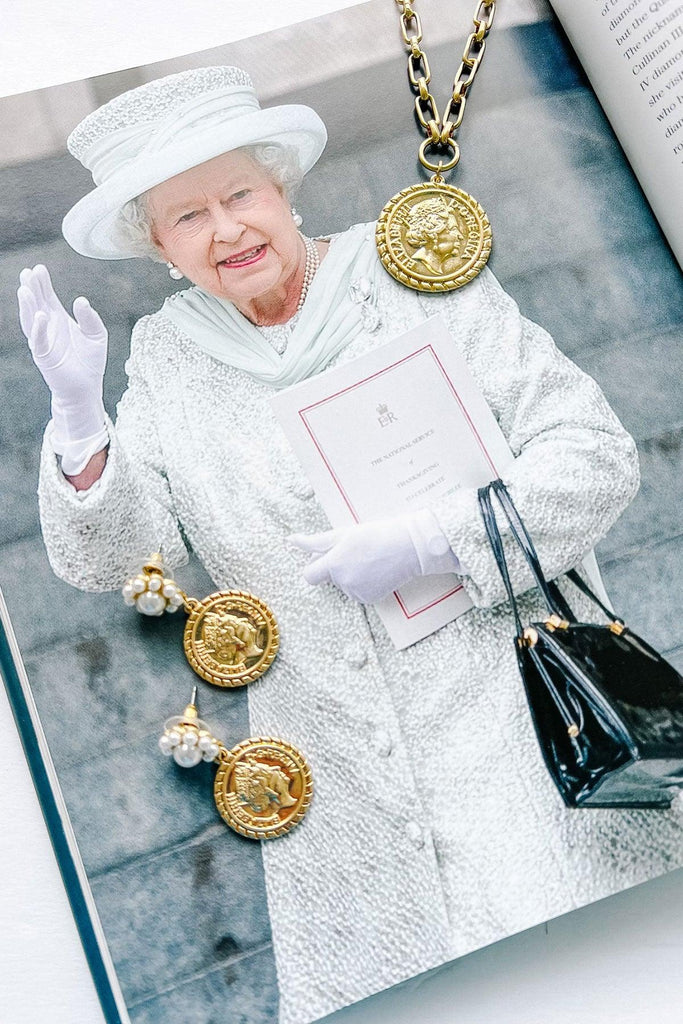 Queen Elizabeth Coin Pearl Drop Earrings in Worn Gold - Canvas Style