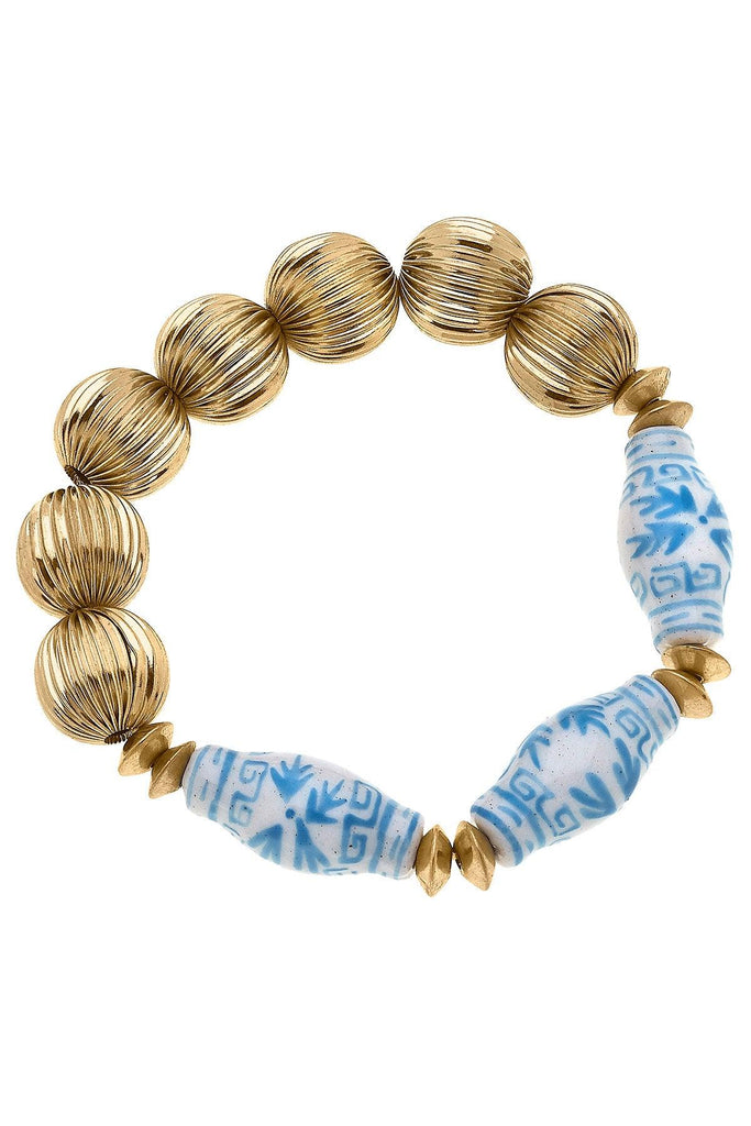 Quincy Porcelain & Ribbed Metal Bead Bracelet in Wedgwood Blue - Canvas Style