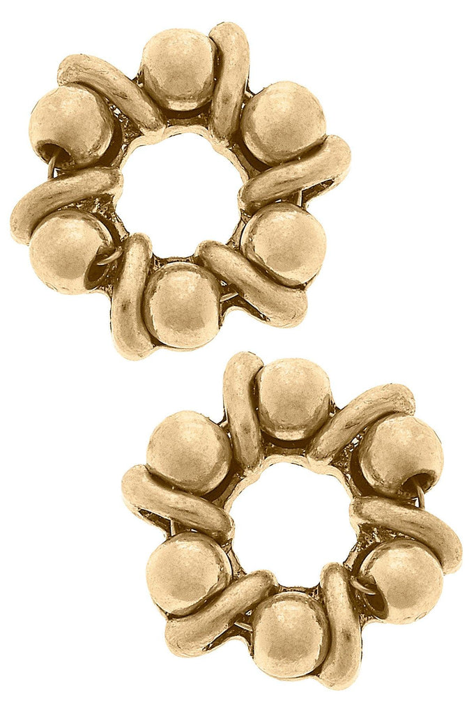 Reba Ball Bead Open Circle Stud Earrings in Worn Gold - Canvas Style