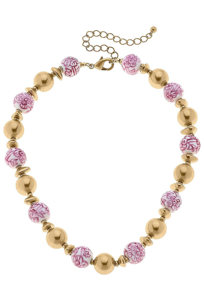 Regina Chinoiserie & Ball Bead Necklace in Pink & White - Canvas Style