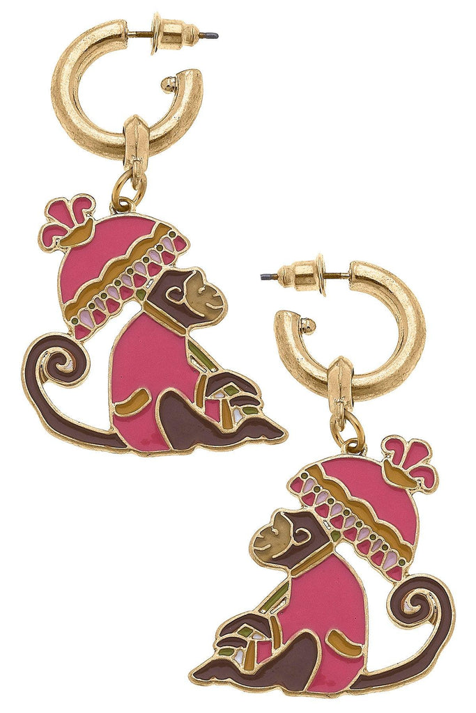 Remy Enamel Monkey Earrings in Pink & Brown - Canvas Style
