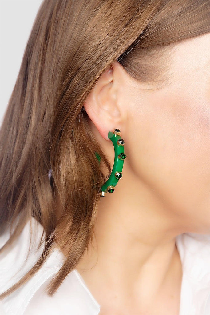 Renee Resin and Rhinestone Hoop Earrings in Green - Canvas Style