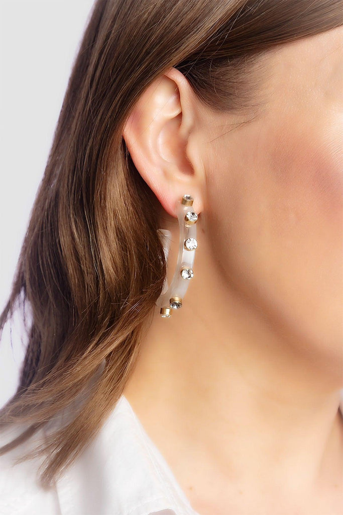 Renee Resin and Rhinestone Hoop Earrings in White - Canvas Style