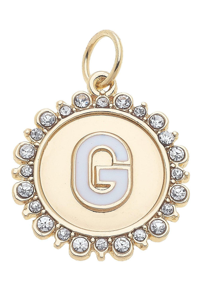 Rhinestone-Studded Enamel Letter Disc Charm in Shiny Gold - Canvas Style