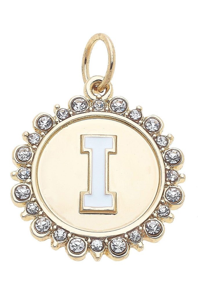 Rhinestone-Studded Enamel Letter Disc Charm in Shiny Gold - Canvas Style