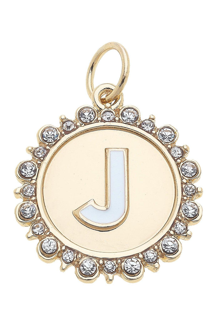 Rhinestone-Studded Enamel Letter Disc Charm in Shiny Gold - Canvas Style