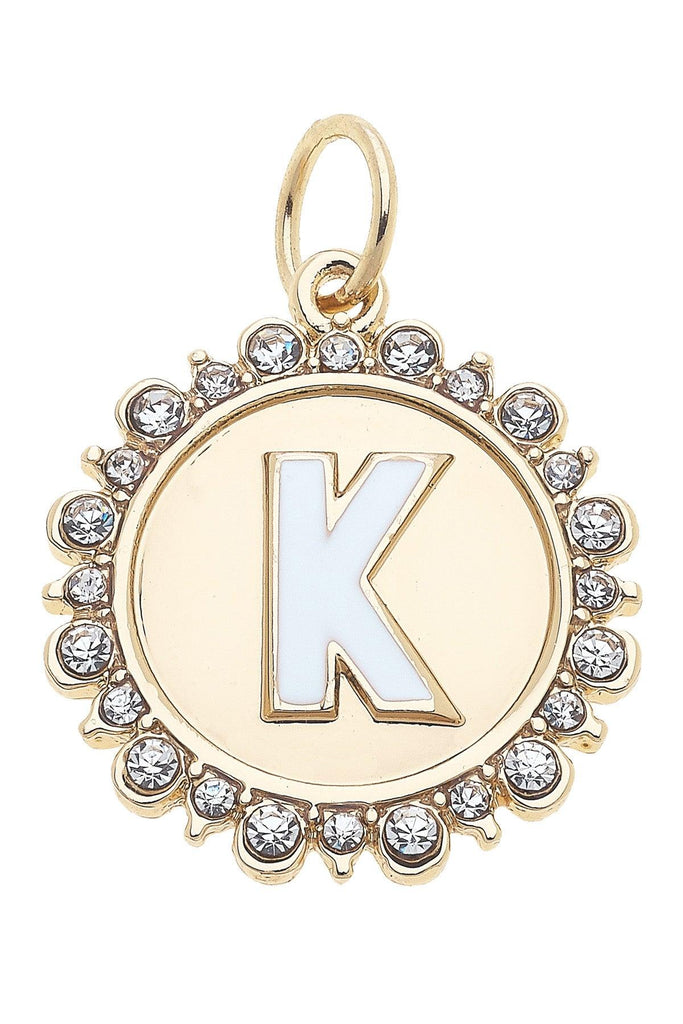 Rhinestone-Studded Enamel Letter Disc Charm in Shiny Gold - Canvas Style