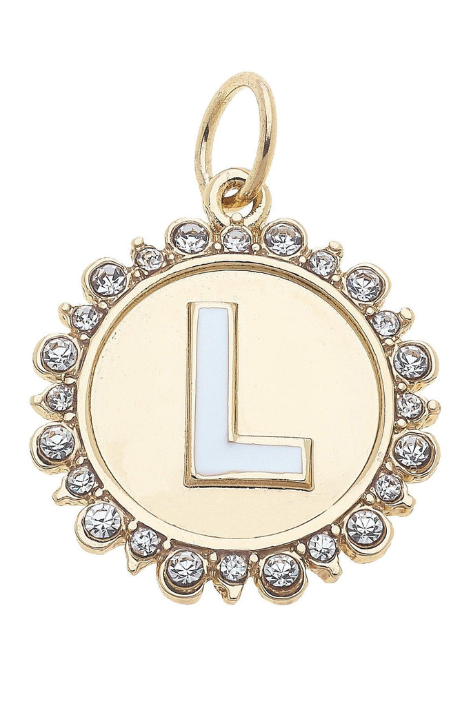 Rhinestone-Studded Enamel Letter Disc Charm in Shiny Gold - Canvas Style