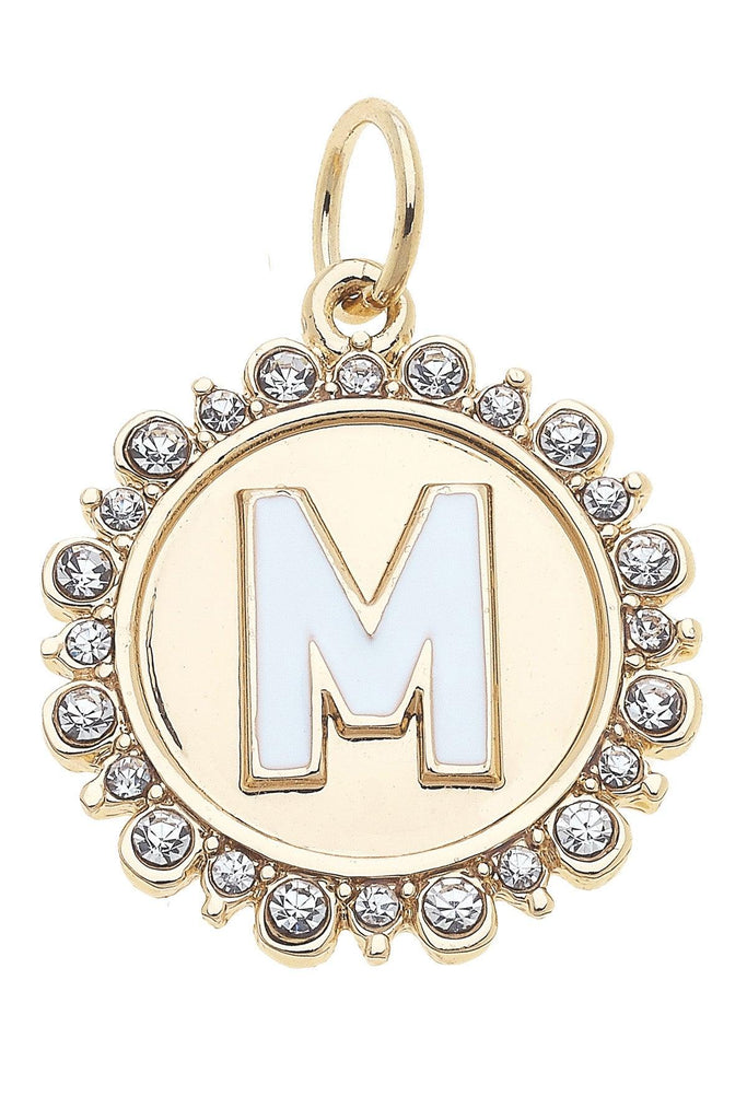 Rhinestone-Studded Enamel Letter Disc Charm in Shiny Gold - Canvas Style