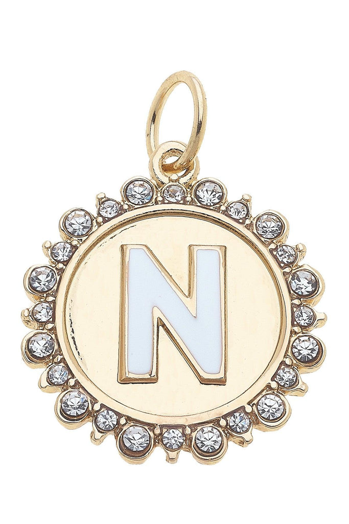 Rhinestone-Studded Enamel Letter Disc Charm in Shiny Gold - Canvas Style