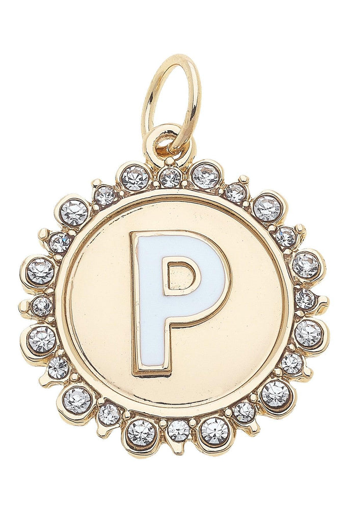 Rhinestone-Studded Enamel Letter Disc Charm in Shiny Gold - Canvas Style