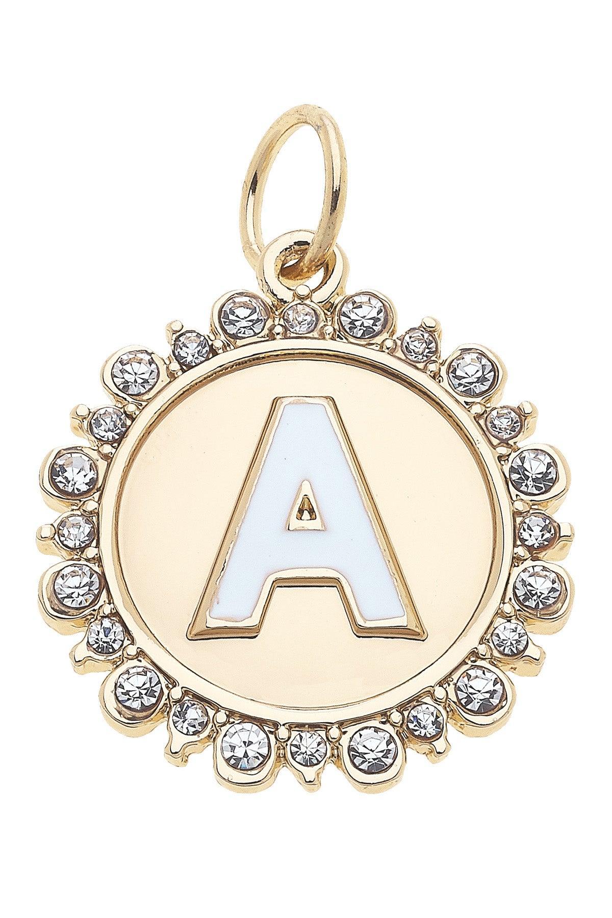 Rhinestone-Studded Enamel Letter Disc Charm in Shiny Gold