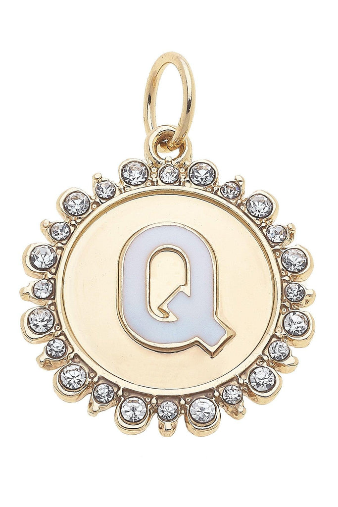 Rhinestone-Studded Enamel Letter Disc Charm in Shiny Gold - Canvas Style