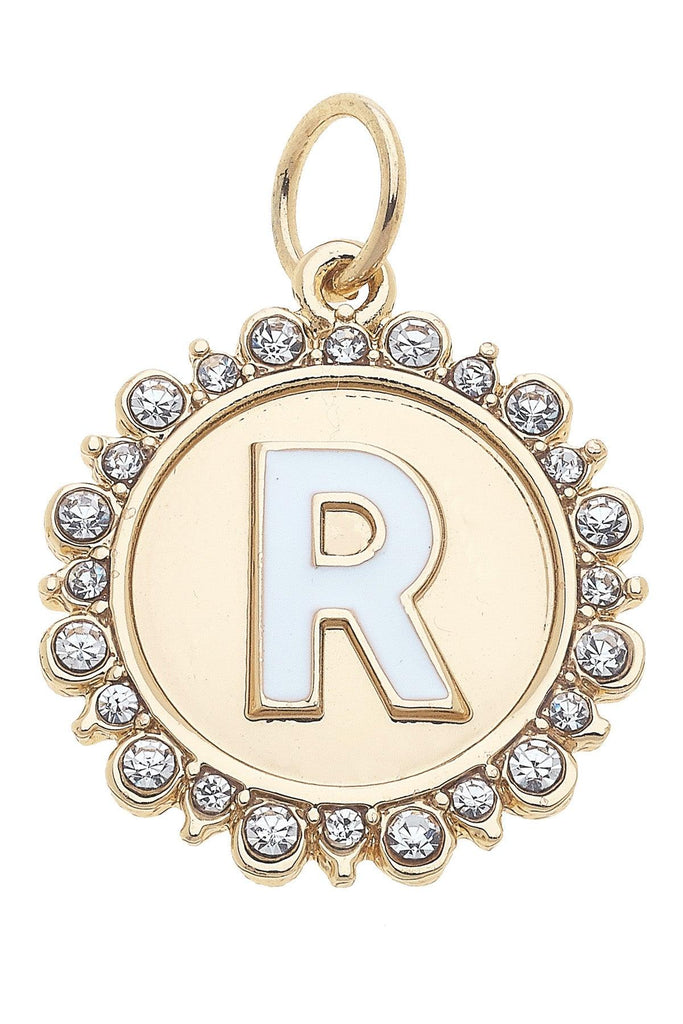 Rhinestone-Studded Enamel Letter Disc Charm in Shiny Gold - Canvas Style