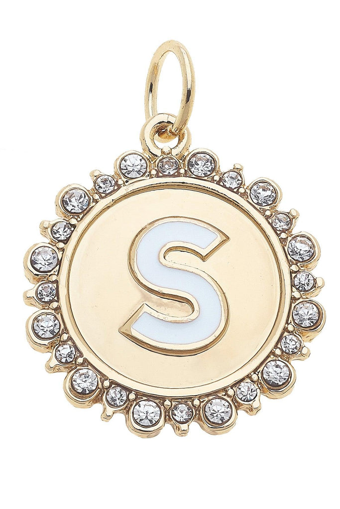 Rhinestone-Studded Enamel Letter Disc Charm in Shiny Gold - Canvas Style