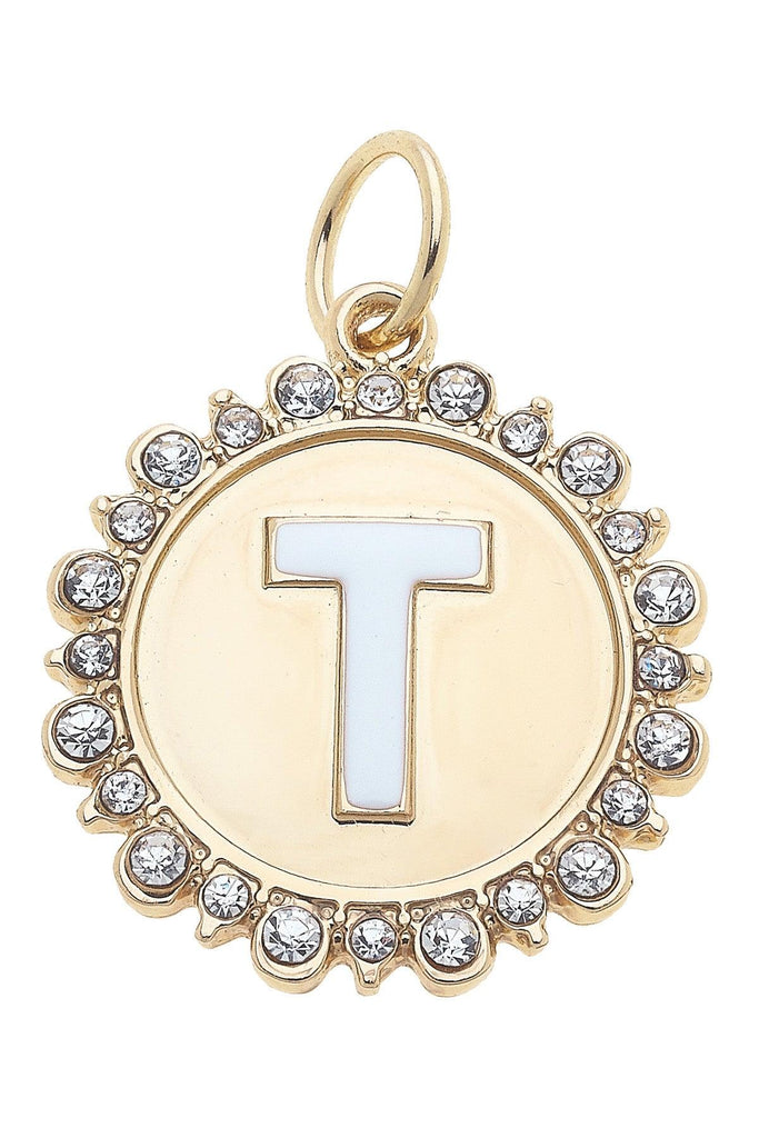 Rhinestone-Studded Enamel Letter Disc Charm in Shiny Gold - Canvas Style