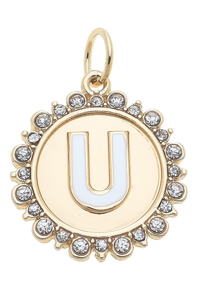 Rhinestone-Studded Enamel Letter Disc Charm in Shiny Gold - Canvas Style