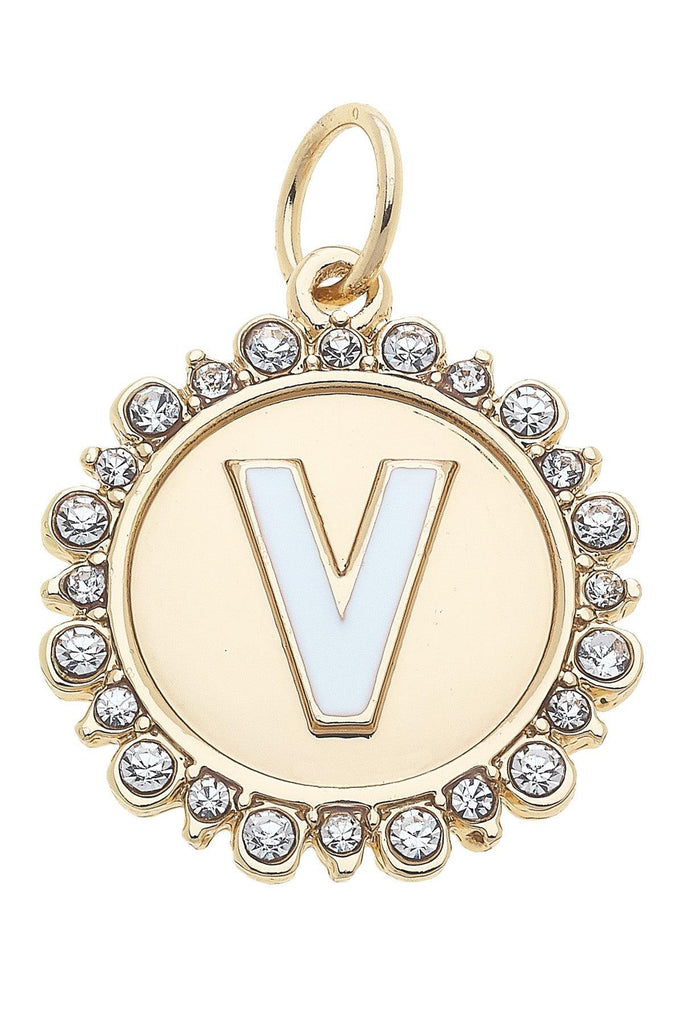 Rhinestone-Studded Enamel Letter Disc Charm in Shiny Gold - Canvas Style