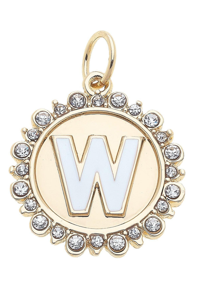 Rhinestone-Studded Enamel Letter Disc Charm in Shiny Gold - Canvas Style