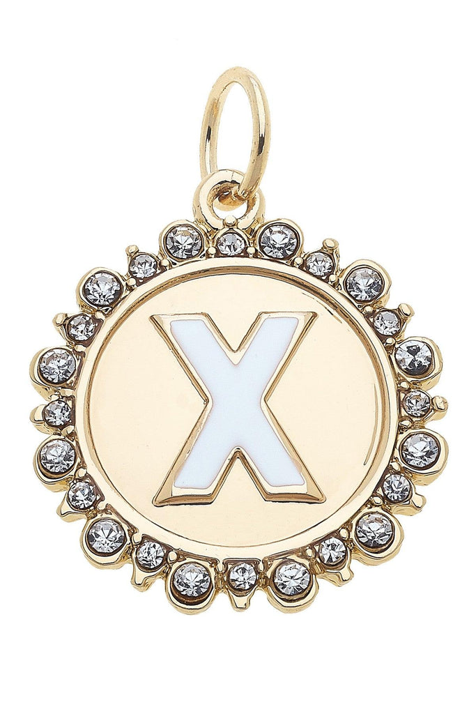 Rhinestone-Studded Enamel Letter Disc Charm in Shiny Gold - Canvas Style