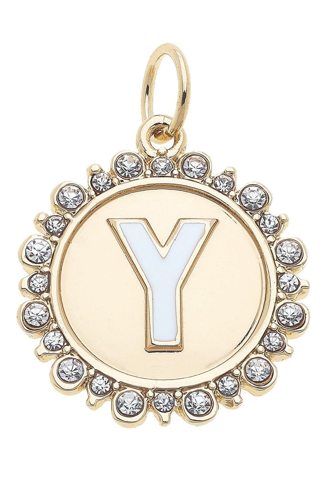 Rhinestone-Studded Enamel Letter Disc Charm in Shiny Gold - Canvas Style