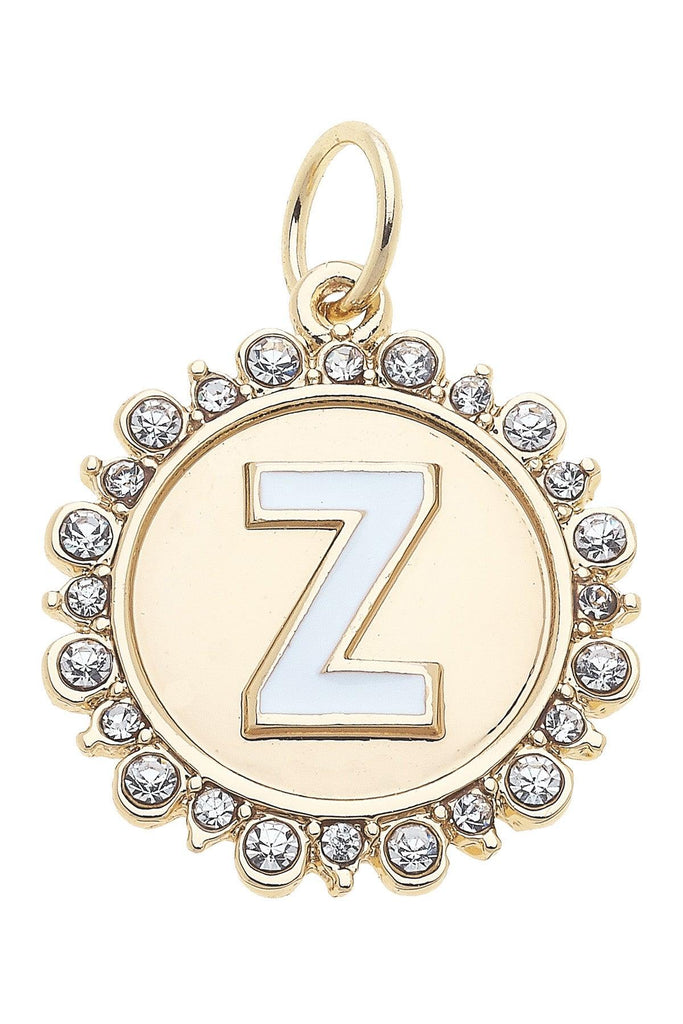 Rhinestone-Studded Enamel Letter Disc Charm in Shiny Gold - Canvas Style