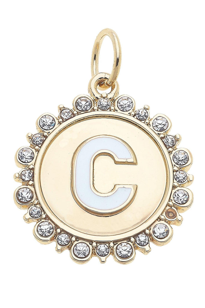 Rhinestone-Studded Enamel Letter Disc Charm in Shiny Gold - Canvas Style